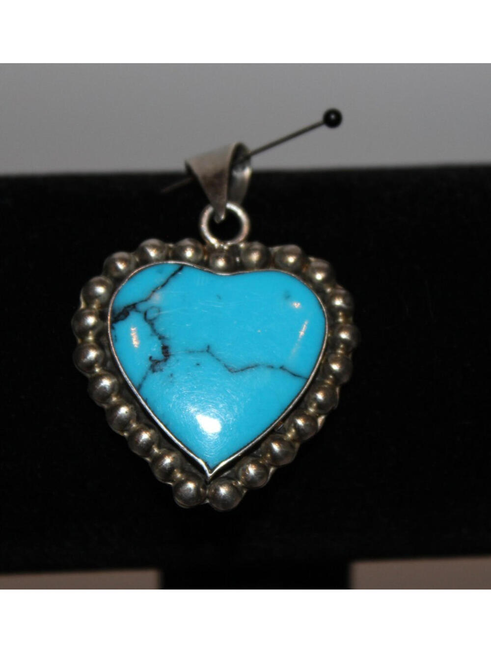 Vintage Turquoise Heart Pendant Sterling Silver Beaded Frame 11.27g 1.25”